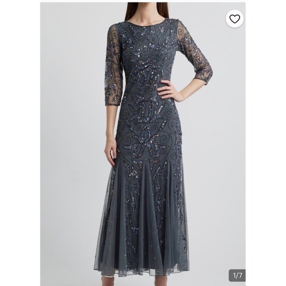 Pisarro Nights Dresses & Skirts - Pisarro Nights Gray Beaded Sequin Gown 3/4 Sleeve Formal Maxi Dress